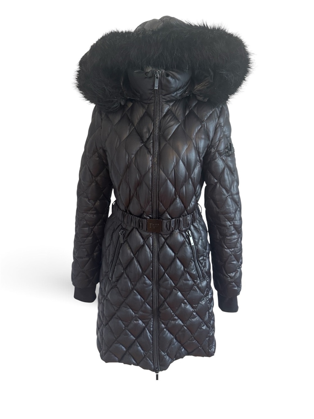 Diane Von Furstenberg Black Quilted Long Puffer Coat with Fur-Trim Hood Small